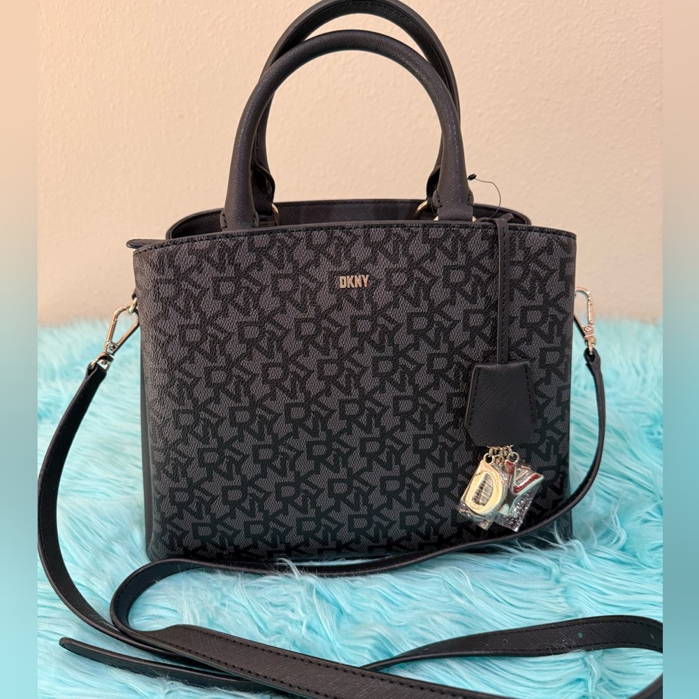 DKNY Paige Black Signature Jacquard Multi Compartments Satchel Handbag Purse